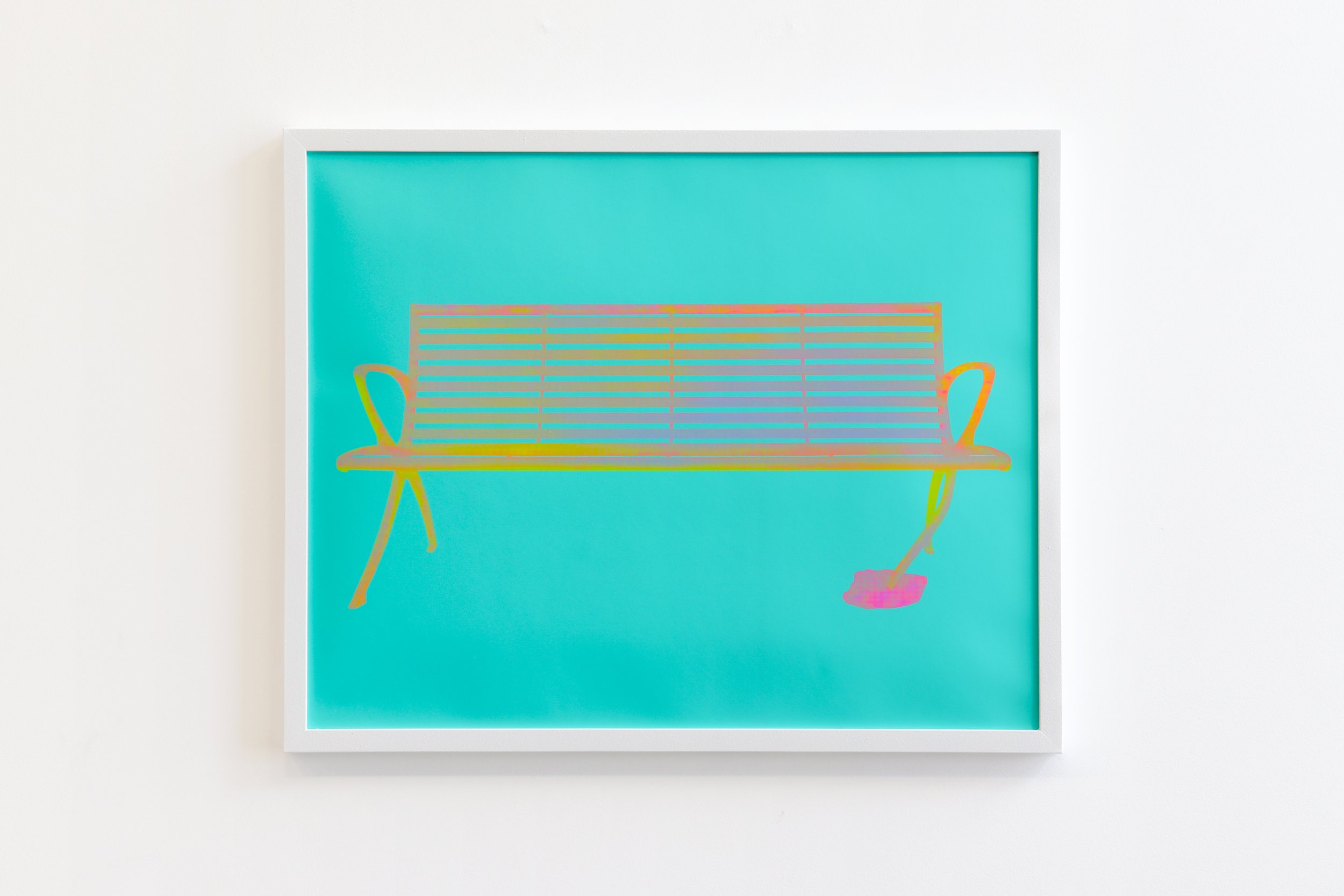 Framed turquoise print depicting the outline of a public park bench in shifting yellow, orange, pink, and green lines.