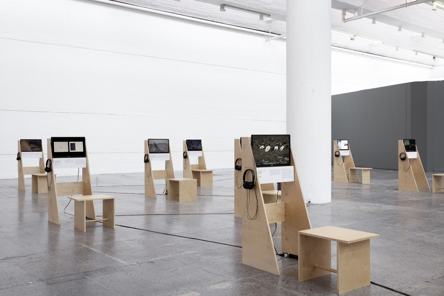 Installation view with a video station showing white birds on dark ground, surrounded by other monitors and stools.